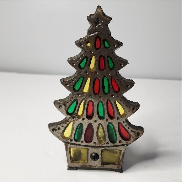 Vintage real Stained Glass Cast Iron Votive Candle Holder CHRISTMAS TREE - Picture 1 of 5